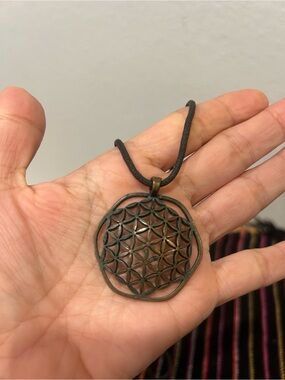 Copper Tone Flower of Life Pendant Necklace - Black Cord